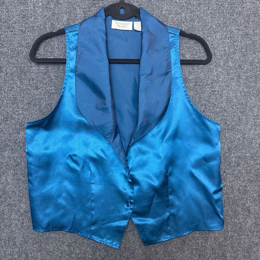 VTG Victorias Secret Afterhours Pajama Set M Blue Satin Sleeveless Gold Label - Picture 2 of 13